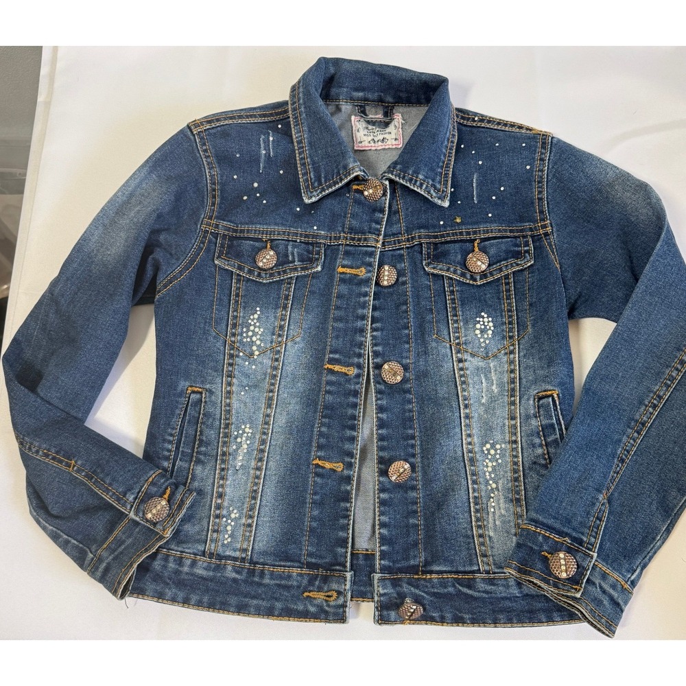 Love Jeans Girls Denim Jacket 10 Blue Distressed Studded Rhinestone Y2K Kidcore
